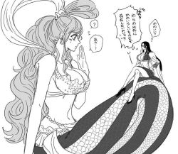 Rule 34 | 2girls, boa hancock, breasts, cleavage, giant, giantess, large breasts, mermaid, monster girl, multiple girls, one piece, shirahoshi, source request, translation request