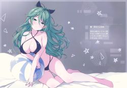 Rule 34 | 1girl, absurdres, bad id, bad yandere id, barefoot, bed sheet, bikini, black ribbon, blurry, blush, breasts, chiyingzai, chromatic aberration, covered erect nipples, full body, green eyes, green hair, hair between eyes, hair ornament, hair ribbon, hairclip, head tilt, highres, kantai collection, large breasts, long hair, looking at viewer, pillow, ponytail, ribbon, scan, sitting, solo, star (symbol), swimsuit, triangle, yamakaze (kancolle), yokozuwari