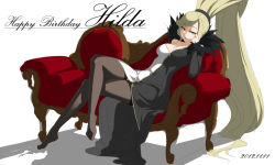 Rule 34 | 1girl, blonde hair, breasts, head rest, cleavage, couch, dated, dress, fur collar, happy birthday, heterochromia, hilda (under night in-birth), large breasts, crossed legs, long hair, looking at viewer, no shoes, off-shoulder dress, off shoulder, official art, red eyes, signature, sitting, solo, thighhighs, under night in-birth, very long hair, yoshihara seiichi, zipper