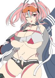 1girl, ;p, arm up, armpits, azur lane, bangs, belt, bikini, bikini under clothes, black shorts, breasts, bremerton (azur lane), cleavage, collarbone, commentary, commentary typo, cowboy shot, crop top, crop top overhang, denim, ear piercing, english commentary, eyebrows visible through hair, eyewear on head, flat color, grey belt, grey hair, hair between eyes, hair intakes, hair ornament, highleg, highleg bikini, highres, huge breasts, jacket, jeans, kuroakei (pixiv5742644), lifebuoy ornament, long hair, long sleeves, looking at viewer, micro shorts, midriff, multicolored hair, navel, navel piercing, no mole, number, one eye closed, open belt, open clothes, open fly, open jacket, pants, piercing, pink bikini, pink eyes, pink hair, red-tinted eyewear, shirt, shorts, side-tie bikini, sidelocks, simple background, skindentation, snap-fit buckle, solo, standing, streaked hair, sunglasses, swimsuit, thigh strap, thighhighs, tongue, tongue out, twintails, two-tone hair, two-tone shirt, underboob, white background