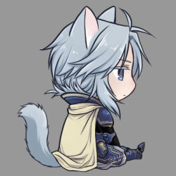Rule 34 | 1boy, animal ears, armor, armored boots, blue armor, blue eyes, blue footwear, boots, cape, cat boy, cat ears, chibi, commentary request, dated, elbow pads, expressionless, facing away, faulds, final fantasy, final fantasy i, full armor, full body, greaves, grey background, grey hair, hands on lap, hiryuu (kana h), jitome, kemonomimi mode, long hair, lowres, male focus, pauldrons, poleyn, shoulder armor, signature, simple background, sitting, solo, spiked armor, waist cape, warrior of light (ff1), yellow cape