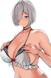 Rule 34 | 1girl, absurdres, bikini, blue eyes, breasts, frilled bikini, frills, hair ornament, hair over one eye, hairclip, hamakaze (kancolle), highres, kantai collection, large breasts, neneneji, short hair, silver hair, simple background, solo, swimsuit, upper body, white background, white bikini