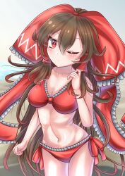 Rule 34 | 1girl, absurdres, bad anatomy, bare shoulders, beach, bikini, blush, bow, breasts, brown hair, cleavage, closed mouth, commentary, cowboy shot, hair between eyes, hair bow, hair tubes, hakurei reimu, hand up, highres, long hair, looking at viewer, medium breasts, navel, one eye closed, red bikini, red bow, red eyes, solo, standing, star shin, stomach, swimsuit, touhou