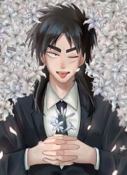 Rule 34 | 1boy, absurdres, black eyes, black hair, black jacket, black necktie, collared shirt, commentary request, facial scar, flower, formal, highres, interlocked fingers, itou kaiji, jacket, kaiji, long hair, long sleeves, looking at viewer, male focus, medium bangs, necktie, one eye closed, open mouth, ouki neko, parted bangs, scar, scar on cheek, scar on face, scar on hand, shirt, smile, solo, suit, tongue, tongue out, white flower, white shirt