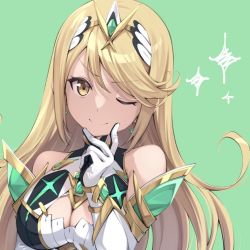 Rule 34 | 1girl, amerika juu pan, bare shoulders, blonde hair, breasts, chest jewel, cleavage, cleavage cutout, clothing cutout, dress, earrings, elbow gloves, gem, gloves, headpiece, jewelry, large breasts, long hair, mythra (xenoblade), short dress, solo, swept bangs, tiara, very long hair, white dress, white gloves, xenoblade chronicles (series), xenoblade chronicles 2, yellow eyes