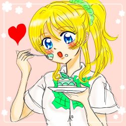 Rule 34 | 1girl, artist name, artist request, ayase eli, blonde hair, blue eyes, blush, bow, bowtie, breasts, cake, collared shirt, female focus, food, green bow, green scarf, hair between eyes, hair ornament, hair scrunchie, heart, heart (symbol), high ponytail, highres, holding, holding plate, holding spoon, long hair, long sleeves, looking at viewer, love live!, love live! school idol project, otonokizaka school uniform, parted lips, pink background, plate, ponytail, scarf, school uniform, scrunchie, shirt, short hair, short sleeves, small breasts, smile, solo, spoon, striped, striped bow, upper body, white shirt