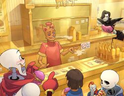 Rule 34 | 4boys, androgynous, blouse, bottle, brown hair, burger, burgerpants, carton, cigarette, constricted pupils, counter, employee uniform, food, frisk (undertale), gloves, hair over one eye, hat, highres, indoors, ketchup, ketchup bottle, male focus, mettaton, mettaton ex, multiple boys, papyrus (undertale), pointing, red gloves, red scarf, red shirt, robot, sans (undertale), scarf, shirt, shop, short sleeves, skeleton, smoke, smoking, summergoat, undertale, uniform