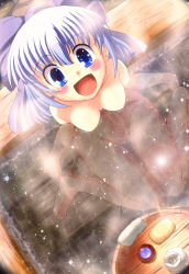 Rule 34 | 1girl, :d, bar soap, barefoot, bathing, blue bow, blue eyes, blue hair, blue pubic hair, blush, bow, breasts, brown theme, bucket, caustics, circled 9, cirno, clenched hands, collarbone, commentary request, completely nude, feet, female pubic hair, foot out of frame, from above, hair between eyes, hair bow, highres, hiiragi shouichi, looking at viewer, looking up, medium breasts, navel, night, night sky, no nipples, nude, onsen, open mouth, partially submerged, pubic hair, reflection, reflective water, short hair, sitting, sky, smile, solo, star (sky), steam, thighs, toes, tokkuri, touhou, wariza, wash cloth, water, wood, wooden bucket