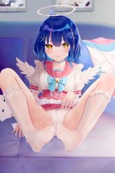Rule 34 | 1girl, absurdres, ahoge, amamiya kokoro, aqua bow, aqua choker, arrow through heart, bell, blue bow, blue bowtie, blue hair, blue nails, blush, bow, bow panties, bowtie, clothes lift, commentary, condom, condom wrapper, corset, fang, feathered wings, feet, frilled skirt, frilled socks, frills, full body, hair ornament, halo, heart, heart hair ornament, highres, jingle bell, kou futoshi, legs, legs up, lifted by self, looking at viewer, medium hair, mini wings, nijisanji, no shoes, panties, parted lips, pink skirt, puffy short sleeves, puffy sleeves, sailor collar, shirt, short sleeves, sitting, skin fang, skirt, skirt lift, socks, solo, sweat, symbol-only commentary, toes, underwear, unworn clothes, virtual youtuber, white panties, white shirt, white socks, white wings, wings, x hair ornament, yellow eyes