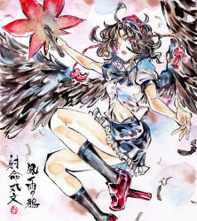 Rule 34 | 1girl, arm up, black neckwear, black skirt, black socks, breasts, brown hair, hand up, highres, kabaji, looking at viewer, medium breasts, open clothes, open mouth, pom pom (clothes), puffy short sleeves, puffy sleeves, red footwear, red headwear, shameimaru aya, shikishi, shirt, shoes, short hair, short sleeves, skirt, socks, solo, touhou, traditional media, white shirt, white sleeves, wings