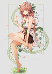 Rule 34 | 1girl, absurdres, arknights, bare shoulders, barefoot, black skirt, blush, breasts, brown eyes, erato (arknights), feather hair, flower, full body, green nails, hat, highres, holding, holding flower, invisible chair, long hair, looking at viewer, maria (syake-uni), medium breasts, miniskirt, mole, mole under eye, nail polish, parted lips, pink hair, red nails, sitting, skirt, solo, tassel, thigh strap, very long hair, white hat