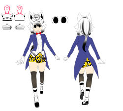Rule 34 | 1girl, animal ears, animal hair ornament, animal hat, animal print, ass, black eyes, black hair, black thighhighs, blue coat, boots, bow, bowtie, breasts, cane, character sheet, closed mouth, coat, coattails, commentary, electricity, english commentary, from behind, full body, gloves, gradient hair, hair between eyes, hat, highres, holding, holding cane, ivancyxic, large breasts, leopard print, long sleeves, looking at viewer, low ponytail, multicolored hair, multiple views, open clothes, open coat, original, ponytail, print shorts, red bow, red bowtie, short eyebrows, short shorts, shorts, simple background, smile, solo focus, standing, standing on one leg, striped clothes, striped hair, striped vest, thighhighs, vest, white background, white footwear, white gloves, white hair, white headwear, white vest, zebra ears, zepprinss (ivancyxic)
