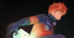 Rule 34 | 1boy, black background, cube, from side, gkrk89, glowing, goggles, goggles around neck, highres, jacket, long sleeves, looking away, male focus, mizukami satoshi (world trigger), orange eyes, orange hair, outstretched arm, popped collar, profile, short hair, simple background, solo, spiked hair, upper body, world trigger