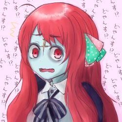 Rule 34 | 1girl, 6 9, ^^^, blue skin, bow, catchphrase, colored skin, commentary request, confused, furrowed brow, hair ribbon, long hair, macaron (youjyosann), minamoto sakura, open mouth, pink background, polka dot, red eyes, red hair, ribbon, scar, scar on face, scar on forehead, school uniform, solo, swept bangs, wavy mouth, zombie, zombie land saga