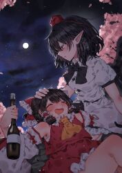 Rule 34 | 2girls, alcohol, ascot, black hair, black skirt, bottle, breasts, cherry blossoms, chest sarashi, closed eyes, commentary request, detached sleeves, drooling, drunk, full body, hakurei reimu, hand on another&#039;s head, hat, highres, lap pillow, long sleeves, mouth drool, multiple girls, night, night sky, open mouth, pointy ears, red hat, red shirt, red skirt, sake, sake bottle, sarashi, shameimaru aya, shirt, short hair, skirt, sky, sleeveless, sleeveless shirt, small breasts, star (sky), starry sky, tokin hat, touhou, tsuyuji shigure, white shirt, white sleeves, wide sleeves, yellow ascot