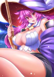 Rule 34 | 1girl, :d, armpits, bamboo broom, bare shoulders, blush, bracelet, breasts, broom, cleavage, detached sleeves, full moon, hat, jewelry, kittan (cve27426), large breasts, long hair, magiko magika, moon, open mouth, pink hair, red eyes, shinrabanshou, short shorts, shorts, smile, solo, thighs, witch, witch hat