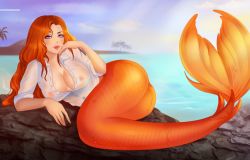 Rule 34 | 1girl, beach, breasts, fap ceo, fins, fish tail, lorelei (fap ceo), mermaid, monster girl, nipples, orange hair, pink eyes, rock, shirt, solo, sunset, tail, wet, wet clothes, wet shirt