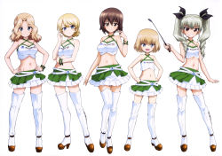 Rule 34 | 10s, 5girls, :d, absurdres, alternate costume, anchovy (girls und panzer), black ribbon, blonde hair, blue eyes, boots, bracelet, breasts, brown eyes, brown hair, cleavage, collarbone, crop top, darjeeling (girls und panzer), drill hair, fang, flat chest, full body, girls und panzer, grin, groin, hair between eyes, hair ribbon, halterneck, hands on own hips, highres, jewelry, katyusha (girls und panzer), kay (girls und panzer), layered skirt, long hair, looking at viewer, medium breasts, midriff, miniskirt, multiple girls, navel, nishizumi maho, official art, open mouth, pleated skirt, red eyes, ribbon, short hair, silver hair, simple background, skirt, small breasts, smile, standing, stomach, thigh boots, thighhighs, twin drills, twintails, white background, white legwear, yoshida nobuyoshi, zettai ryouiki