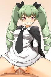 Rule 34 | 1boy, 1girl, anchovy (girls und panzer), anzio school uniform, blush, cape, censored, clothed sex, cowgirl position, drill hair, girl on top, girls und panzer, green hair, hetero, highres, jturner42000, looking at viewer, no panties, penis, pov, pussy, sex, straddling, twintails