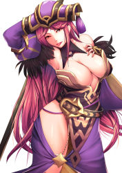 Rule 34 | 1girl, breasts, elbow gloves, fire emblem, fire emblem heroes, gloves, harihisa, large breasts, loki (fire emblem), long hair, looking at viewer, mature female, nintendo, no bra, no panties, orange eyes, pink hair, red eyes, simple background, smile, solo, very long hair, white background