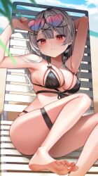 Rule 34 | 1girl, aamana0, absurdres, bare shoulders, barefoot, beach, black hair, blush, breasts, cleavage, grey hair, hair ornament, highres, hololive, large breasts, long hair, looking at viewer, multicolored hair, outdoors, red eyes, sakamata chloe, solo, streaked hair, swimsuit, virtual youtuber, x hair ornament