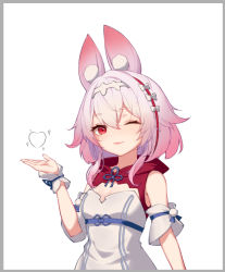 Rule 34 | 1girl, animal ear fluff, animal ears, armband, artist request, border, bow, breasts, cleavage cutout, closed mouth, clothing cutout, dress, eyelashes, gradient hair, grey border, hair flaps, hand up, headband, heart, light smile, looking at viewer, multicolored hair, one eye closed, pink hair, pom pom (clothes), rabbit ears, rabbit girl, red eyes, red hair, shrug (clothing), sleeveless, sleeveless dress, small breasts, solo, source request, sparkle, strapless, strapless dress, streaked hair, sumeragi pal, upper body, virtual youtuber, wactor production, white background, white bow, white dress, white hair, white headband, wrist cuffs