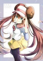 Rule 34 | 1girl, black pantyhose, border, breasts, bright pupils, brown hair, closed mouth, commentary request, creatures (company), double bun, game freak, green eyes, grey border, hair bun, hand on headwear, hand up, long hair, looking to the side, nintendo, pantyhose, pokemon, pokemon bw2, raglan sleeves, rosa (pokemon), shirt, short shorts, shorts, sleeves past elbows, smile, solo, twintails, white background, white pupils, yellow shorts, yomogi (black-elf)