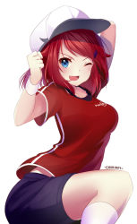 Rule 34 | 1girl, ;d, arm behind head, artist name, baseball cap, blue eyes, blush, chiiririn, clenched hand, fang, female focus, hair ornament, hairclip, happy, hat, highres, leg up, looking at viewer, one eye closed, open mouth, original, red hair, red shirt, shirt, short hair, short sleeves, shorts, simple background, smile, socks, solo, t-shirt, white background, white socks, wink