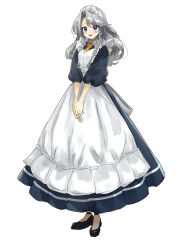 Rule 34 | 1girl, :d, absurdres, alternate costume, apron, ascot, black footwear, blue dress, blue eyes, blush, braid, breasts, collared shirt, dress, frilled apron, frilled headwear, frilled straps, frills, grey hair, highres, izayoi sakuya, looking at viewer, maid headdress, medium hair, open mouth, own hands together, pleated dress, shirt, shoes, short sleeves, simple background, small breasts, smile, solo, standing, tongue, touhou, twin braids, usayoshi (touhopu2), white apron, white background, yellow ascot