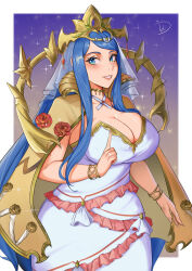 Rule 34 | 1girl, absurdres, blue eyes, blue hair, bracelet, breasts, cape, cleavage, commentary, cowboy shot, crown, deliciousbrain, dress, fire emblem, fire emblem engage, grin, highres, jewelry, large breasts, long hair, looking at viewer, lumera (fire emblem), nintendo, smile, solo, sparkle, standing, strapless, strapless dress, veil, very long hair, white dress, yellow cape
