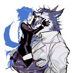 Rule 34 | 1boy, 1girl, animal ears, black dress, black gloves, blue hair, blue tongue, braid, carrying, carrying person, collared shirt, colored tongue, dog ears, dog girl, dog tail, dress, fangs, furry, furry male, gloves, highres, jacket, long hair, looking at another, looking at viewer, low twin braids, open mouth, original, pencil dress, remsrar, shirt, simple background, tail, twin braids, very long hair, white background, white jacket, wolf