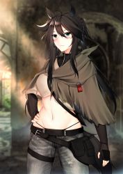 Rule 34 | 1girl, absurdres, animal ears, arknights, arm guards, belt, belt buckle, black belt, black panties, blurry, blurry background, blush, bow (weapon), braid, breasts, brown cloak, brown gloves, brown hair, brown shirt, buckle, cloak, commentary, cowboy shot, crop top, denim, earpiece, english commentary, female focus, fingerless gloves, french braid, gloves, green eyes, grey pants, groin, hair between eyes, hand on own hip, highleg, highleg panties, highres, holster, horse ears, horse tail, indoors, jeans, kitsune udon (ai br), light rays, long hair, looking at viewer, medium breasts, meteor (arknights), midriff, navel, panties, pants, ponytail, pouch, shirt, short sleeves, sidelocks, smile, solo, sunbeam, sunlight, tail, thigh strap, torn cloak, torn clothes, underwear, weapon