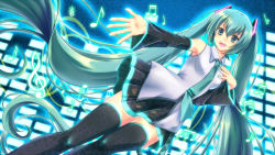 Rule 34 | 1girl, detached sleeves, green eyes, green hair, hand on own chest, hatsune miku, kou gatsu mayuki, kouzuki mayuki, long hair, matching hair/eyes, musical note, necktie, open mouth, outstretched arm, skirt, solo, thighhighs, twintails, very long hair, vocaloid