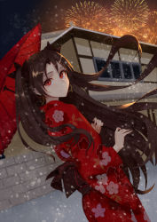 Rule 34 | 1girl, alternate costume, architecture, black hair, black ribbon, earrings, east asian architecture, fate/grand order, fate (series), fireworks, highres, holding, holding umbrella, hoop earrings, ishtar (fate), japanese clothes, jewelry, kimono, long hair, night, obi, ocarino, oil-paper umbrella, outdoors, parted bangs, red eyes, red kimono, ribbon, sash, smile, snowing, solo, tohsaka rin, two side up, umbrella