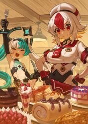 Rule 34 | 2girls, apple pie, aqua hair, arm up, beret, black gloves, blush, cake, chocolate, chocolate cake, closed mouth, elbow gloves, fingerless gloves, food, fork, fruit, gloves, greentanuki, hair between eyes, hands on own hips, hat, highres, holding, holding fork, holding knife, knife, long hair, multicolored hair, multiple girls, nina (greentanuki), open mouth, original, pancake, parfait, pie, red eyes, red hair, shirt, short hair, short sleeves, smile, strawberry, swiss roll, twintails, two-tone hair, white hair, white headwear, white shirt