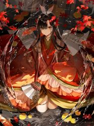 Rule 34 | 1girl, absurdres, autumn leaves, black hair, carp, colored inner hair, commentary request, falling leaves, flower, folding fan, from above, gold choker, hair flower, hair ornament, hair over one eye, hand fan, highres, holding, holding fan, japanese clothes, kimono, kuga huna, layered clothes, layered kimono, leaf, lily pad, multicolored hair, original, parted lips, red eyes, red hair, red kimono, solo, standing, thighs, very long sleeves, wading, wide sleeves