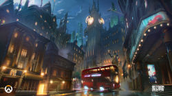 Rule 34 | 2014, absurdres, analog clock, building, bus, clock, clock tower, cloud, company name, dated, double-decker bus, english text, highres, king&#039;s row (overwatch), motor vehicle, night, official art, outdoors, overwatch, overwatch 1, peter lee, road, scenery, science fiction, stairs, statue, street, tower, tree, vehicle, watermark