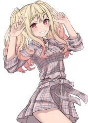 Rule 34 | 1girl, absurdres, arms up, blonde hair, blush, breasts, double v, dress, grin, hands up, highres, hinato1710, long hair, long sleeves, looking at viewer, plaid, plaid dress, plaid skirt, project sekai, red eyes, shirt, skirt, smile, solo, tenma saki, twintails, v, white background