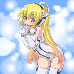 Rule 34 | 10s, 1girl, :d, :o, altrene, arnval, bad id, bad pixiv id, bare shoulders, bent over, blonde hair, blue eyes, blurry, blush, bokeh, busou shinki, dd (ijigendd), depth of field, doll joints, dress, elbow gloves, female focus, gloves, headphones, joints, leaning forward, long hair, one-piece swimsuit, open mouth, outdoors, own hands together, ponytail, smile, solo, standing, swimsuit, thighhighs, white thighhighs