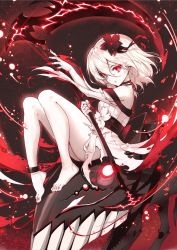 Rule 34 | 1girl, abyssal ship, ass, barefoot, bright pupils, choker, colored skin, cuffs, dress, flower, hair between eyes, hair flower, hair ornament, haoni, highres, kantai collection, light trail, looking at viewer, parted lips, red eyes, scythe, sergestid shrimp in tungkang, shackles, short hair, sitting, solo, torn clothes, torn dress, white dress, white hair, white pupils, white skin, xuan ying