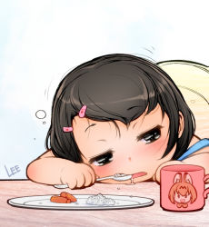 Rule 34 | 1girl, artist name, brown hair, character print, child, commentary, cup, eating, food, hair ornament, hairclip, half-closed eyes, head rest, hot dog, kemono friends, lee (colt), mug, open mouth, original, plate, rice, saliva, serval (kemono friends), simple background, sleepy, solo, spoon, utensil in mouth, white background
