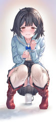 Rule 34 | 1girl, black hair, black skirt, blouse, blue shirt, blue sleeves, boots, cup, gradient background, granblue fantasy, grey background, highres, long sleeves, looking at viewer, panties, red eyes, red footwear, shirt, short hair, skirt, solo, squatting, underwear, vikala (granblue fantasy), white panties