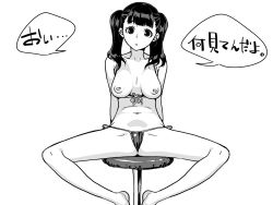 Rule 34 | 1girl, bikini, breasts, chair, greyscale, kuga hajime (world lover), looking at viewer, monochrome, navel, nipples, original, simple background, sitting, solo, spread legs, swimsuit, translated, twintails, white background