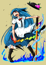 Rule 34 | 1girl, blood, blue hair, boots, bow, bruise, food, fruit, hat, highres, hinanawi tenshi, injury, kunitori, long hair, one eye closed, open mouth, peach, red eyes, solo, sword of hisou, teeth, touhou, very long hair