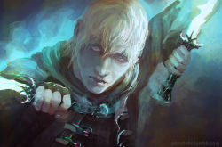 Rule 34 | 1boy, blonde hair, cole (coleltu), dagger, dragon age, gradient background, knife, lips, male focus, nose, painterly, short hair, solo, weapon, white eyes