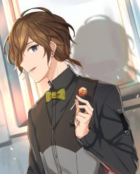 Rule 34 | 1boy, black vest, blue eyes, bow, bowtie, brown hair, candy, earrings, food, highres, indoors, jewelry, kirikuraria, lollipop, long sleeves, looking at viewer, male focus, million dollar boys, mouth hold, nika (million dollar boys), shadow, solo, stud earrings, vest, yellow bow, yellow bowtie