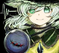 Rule 34 | 1girl, black hat, blouse, broken heart, buttons, closed mouth, commentary, diamond button, green eyes, green hair, hair between eyes, hat, heart, heart-shaped pupils, komeiji koishi, looking at viewer, medium hair, mismatched pupils, portrait, shirt, smile, solo, stitches, symbol-shaped pupils, tama (hiroshige 36), third eye, touhou, yellow shirt