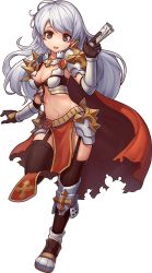 Rule 34 | 1girl, armor, black thighhighs, breasts, brown eyes, cape, cleavage, elbow gloves, front-tie top, full body, garter straps, gloves, long hair, medium breasts, midriff, navel, official art, pauldrons, ragnarok online, rune knight (ragnarok online), shoulder armor, solo, thighhighs, transparent background, white hair