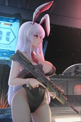 Rule 34 | 1girl, alternate costume, animal ears, bare arms, bare shoulders, black leotard, breasts, bullpup, cleavage, collarbone, cowboy shot, detached collar, earth (planet), eyelashes, fishnet pantyhose, fishnets, groin, gun, highres, holding, holding gun, holding weapon, killing floor 2, large breasts, leotard, long hair, mochi (chain csn), necktie, pantyhose, pink hair, planet, playboy bunny, rabbit ears, rabbit girl, red eyes, red necktie, reisen udongein inaba, sa80, screen, solo, space, standing, strapless, strapless leotard, touhou, trigger discipline, very long hair, weapon, window, wing collar