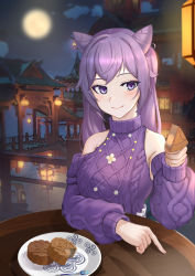 Rule 34 | 1girl, absurdres, bare shoulders, breasts, building, double bun, flower, food, full moon, genshin impact, hair bun, hair flower, hair ornament, highres, keqing (genshin impact), keqing (lantern rite) (genshin impact), lantern, long sleeves, looking at viewer, medium breasts, mid-autumn festival, moon, mooncake, night, night sky, plate, purple sweater, round table, sky, smile, sweater, table, twintails, ying fa